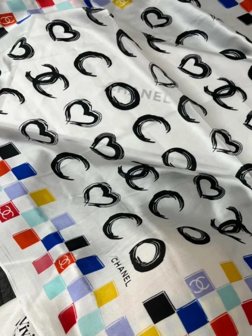 Square Silk Scarf Multicolor COCO Hearts White Signed Luxury Designer Inspired